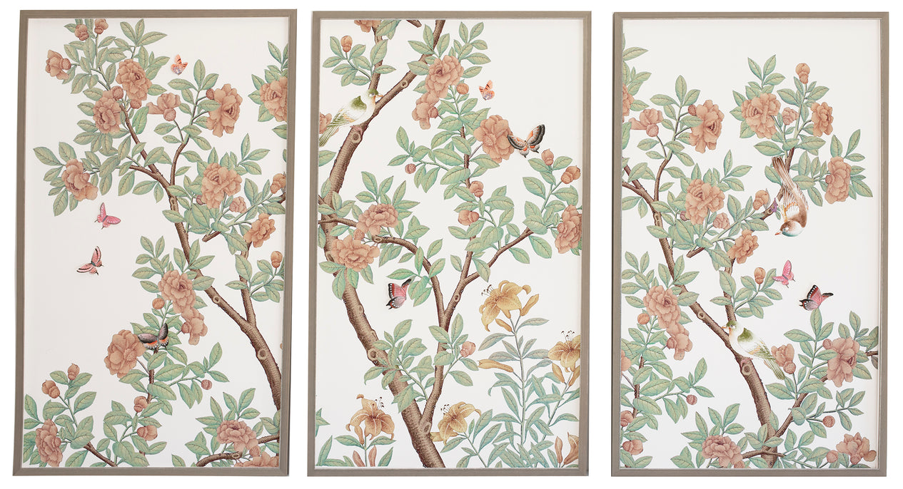 Chinoiserie triptych: peach flowers
