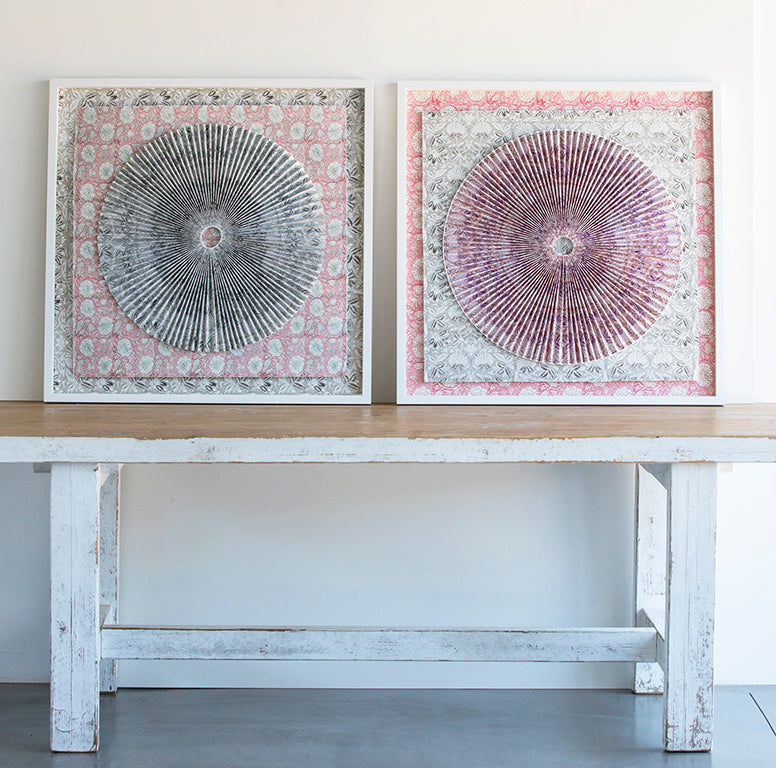 Pleated Dimensional Circle: Pink and Grey Block Print II