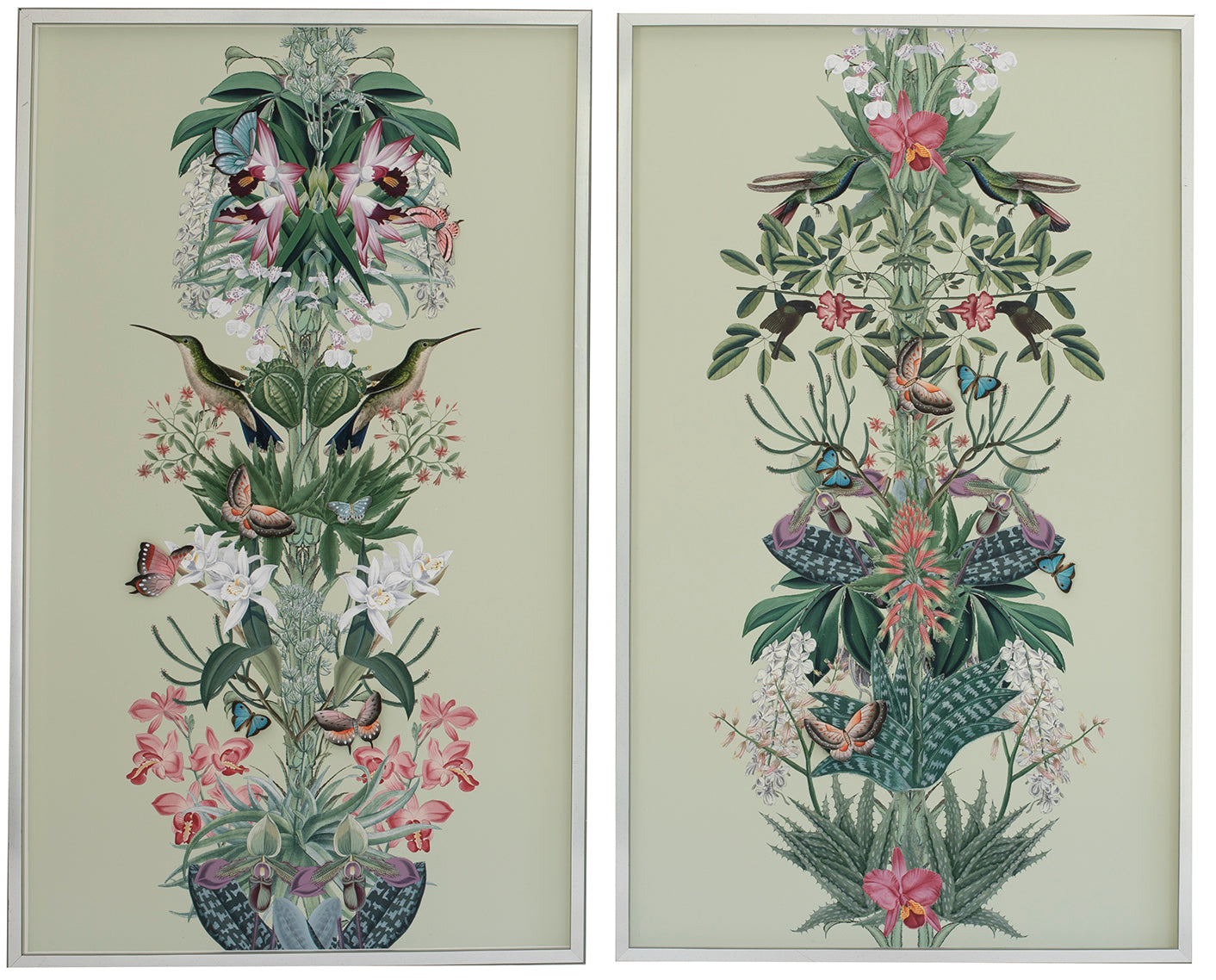 Chinoiserie diptych: jungle green flowers